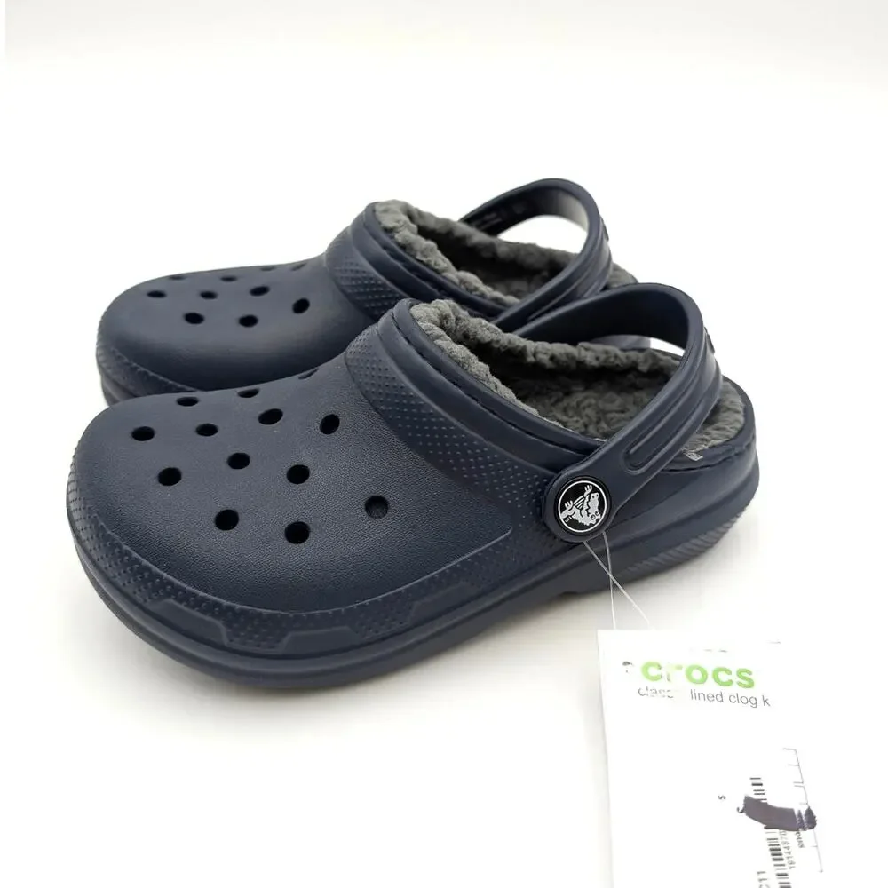 Crocs Classic Lined Clog Shoes Closed Toe Kids' Navy/Charcoal Size US11